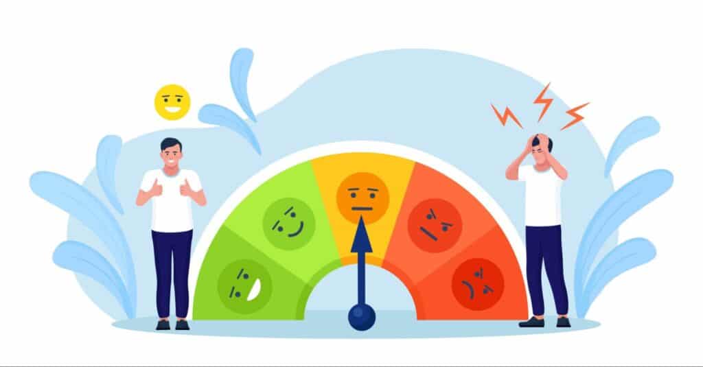 Two cartoon people stand on opposite sides of a pain scale, representing low and high pain tolerance.