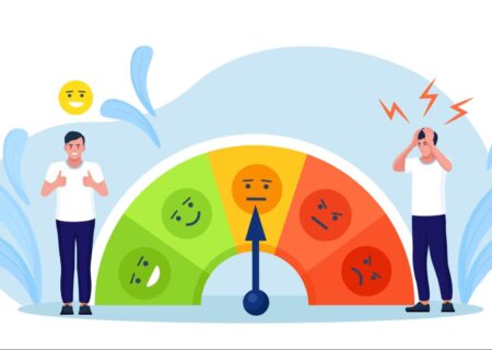 Two cartoon people stand on opposite sides of a pain scale, representing low and high pain tolerance.