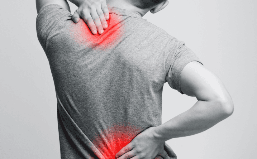 Person experiencing shoulder and lower back pain, highlighting areas of discomfort.